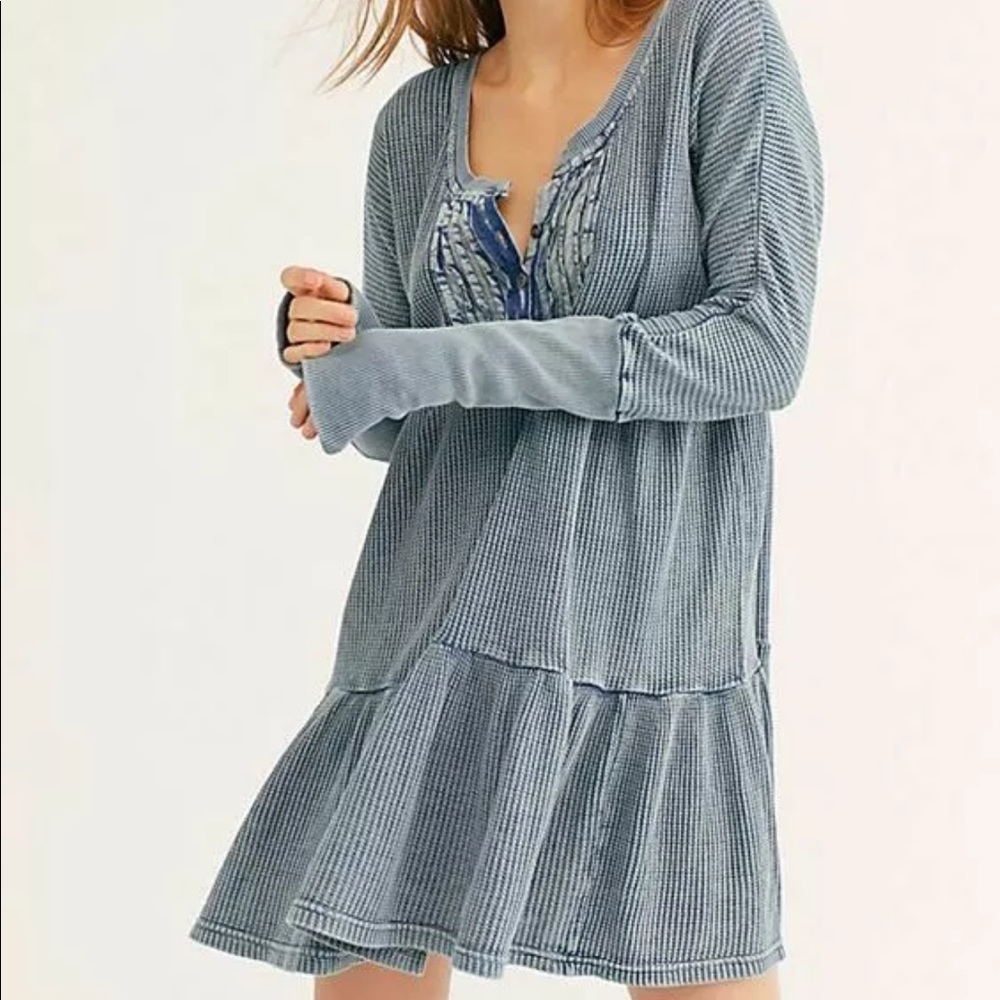 FREE PEOPLE L/S Thermal Knit Denim-Wash Drop Waist Mini S